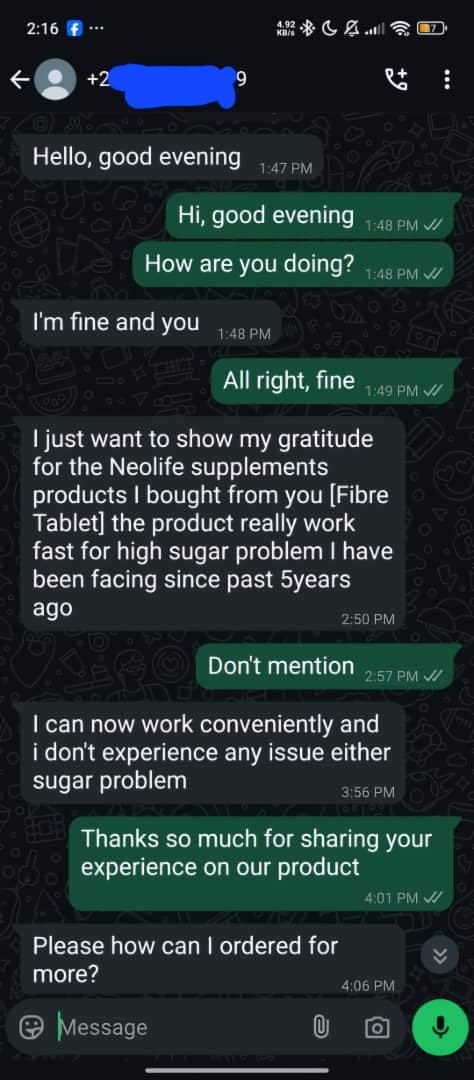 fibre tablets WhatsApp tetimonial